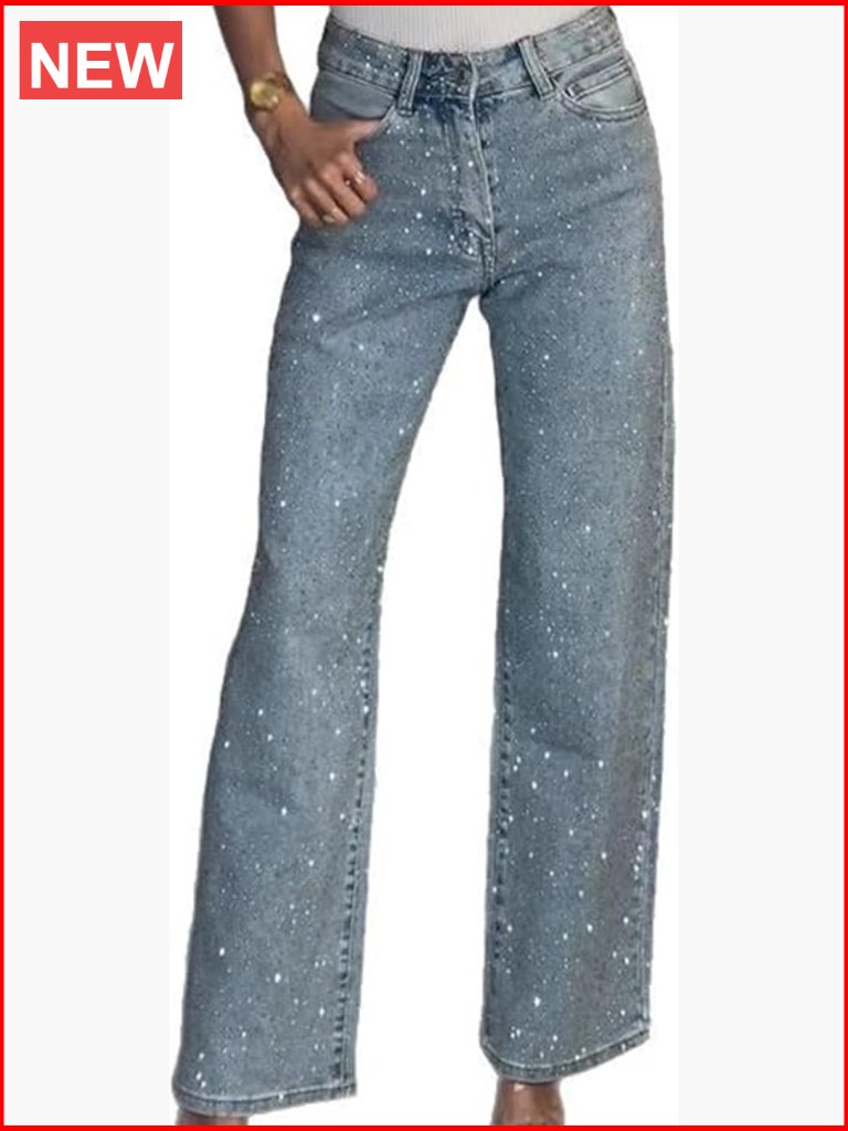 Rhinestone Glitter Denim Pants High Waisted Baggy Wide Leg Y2k